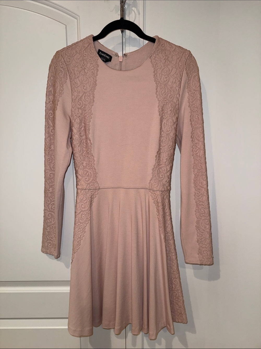 bebe Long Sleeve Lace-Trim Fit-and-Flare Dress in Blush